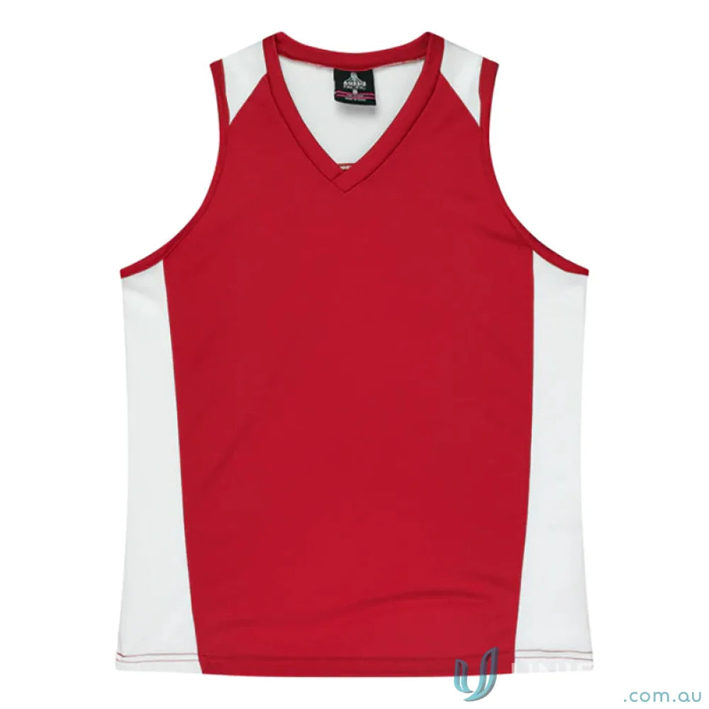 Ladies Premier Singlet red and white V-neck basketball jersey with fabric neck bind