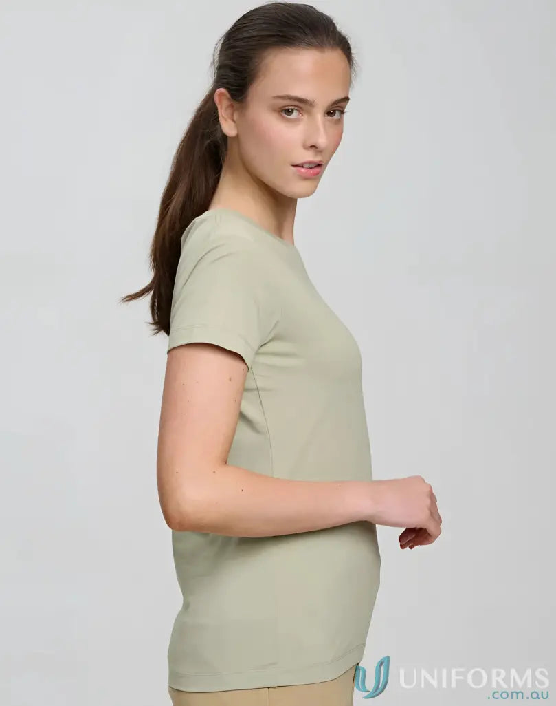 Ladies premium Mornington T-Shirt worn by woman with light green color, perfect for spirit ladies premium style