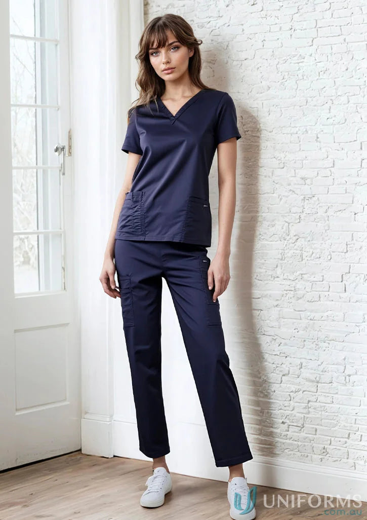 Ladies premium scrub cargo pant in navy blue perfect for professional medical wear