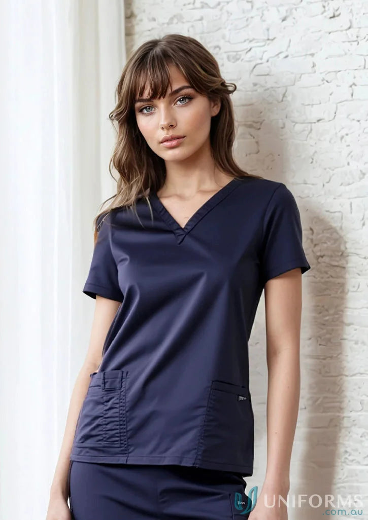 Navy blue ladies premium scrub top with flattering fit from JB’s Ladies perfect for work