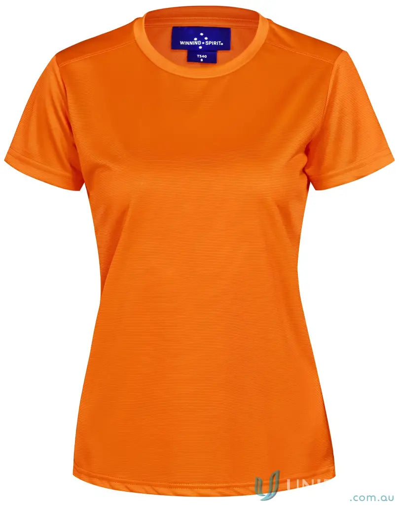 Orange Ladies RapidCool Ultra Light Tee with crew neck and blue brand label
