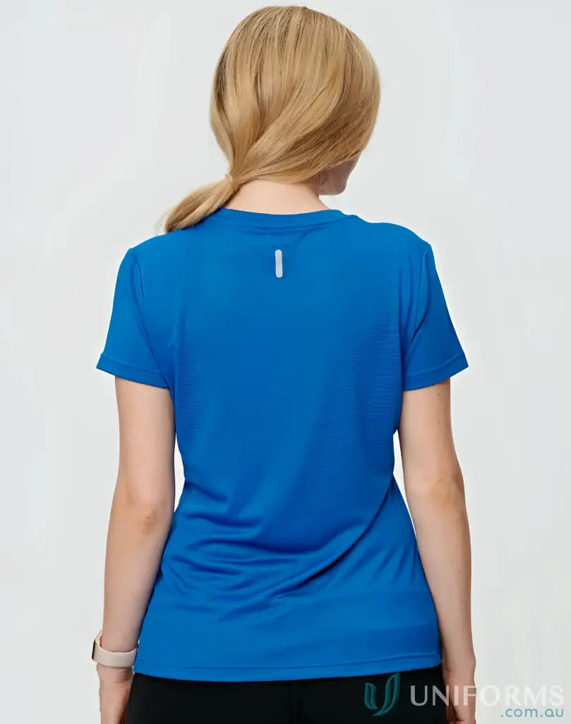 Ladies RapidCool Ultra Light Tee blue athletic shirt with reflective strip on back