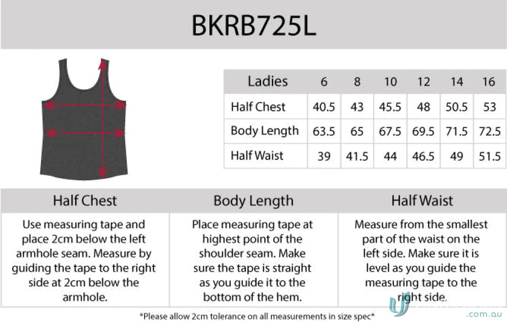 Ladies Razor Back Singlet sizing chart with aegis microbe shield and CoolDry moisture tech