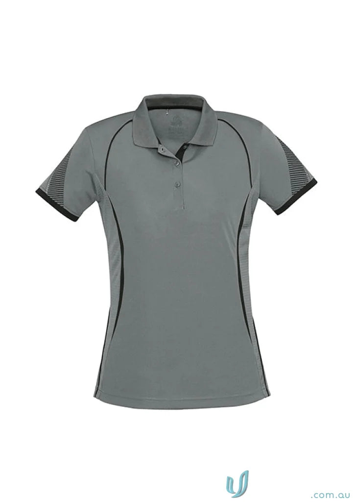 Ladies Razor Polo in grey with black trim and patterned shoulders from Biz Collection Ladies