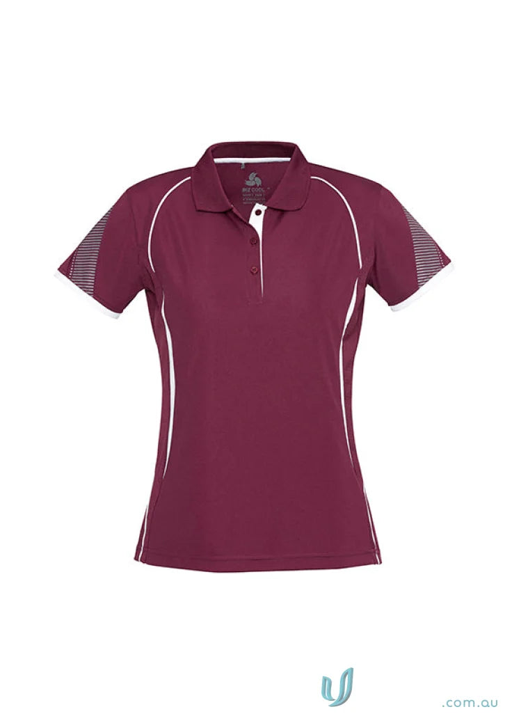 Ladies Razor Polo in maroon with white piping and patterned sleeves from Biz Collection Ladies