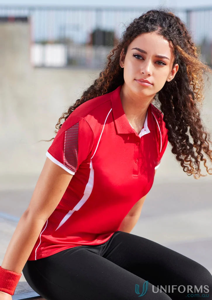 Ladies Razor Polo in red with white accents and mesh panels from Biz Collection Ladies