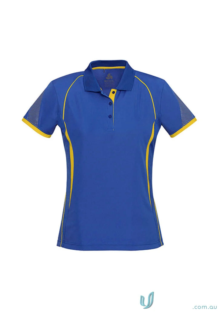 Ladies Razor Polo in royal blue with yellow accents and white mesh panels from Biz Collection Ladies