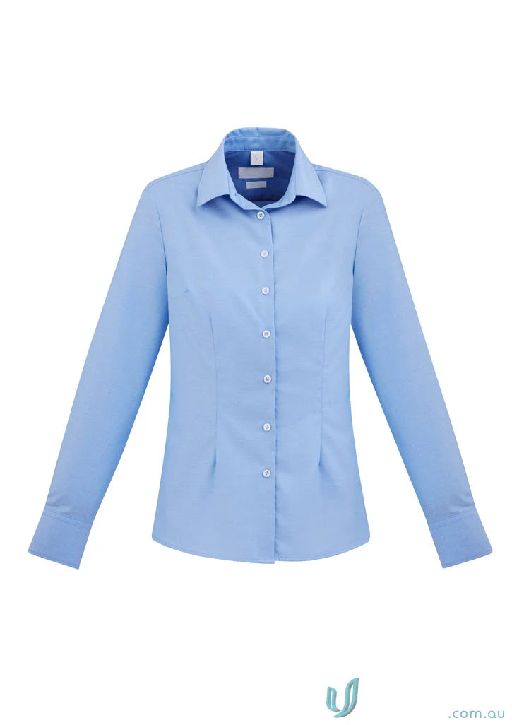 Ladies Regent Cotton LS Shirt in light blue with subtle herringbone weave and advanced performance fabric
