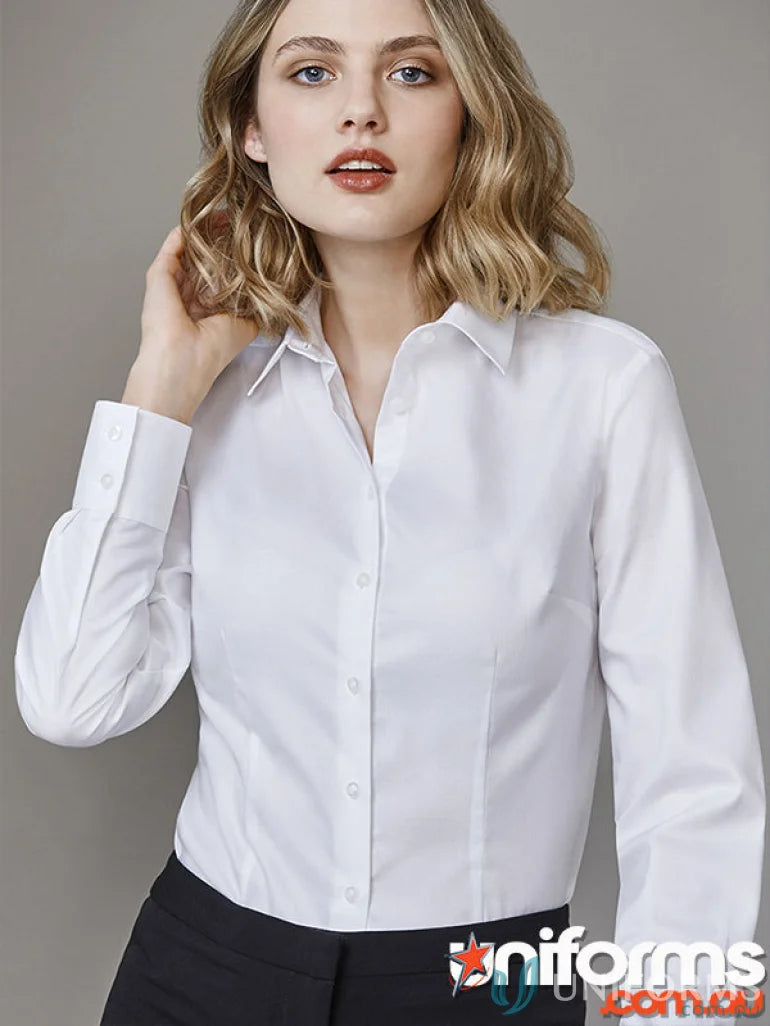 Ladies Regent Cotton LS Shirt with subtle herringbone weave in advanced performance fabric