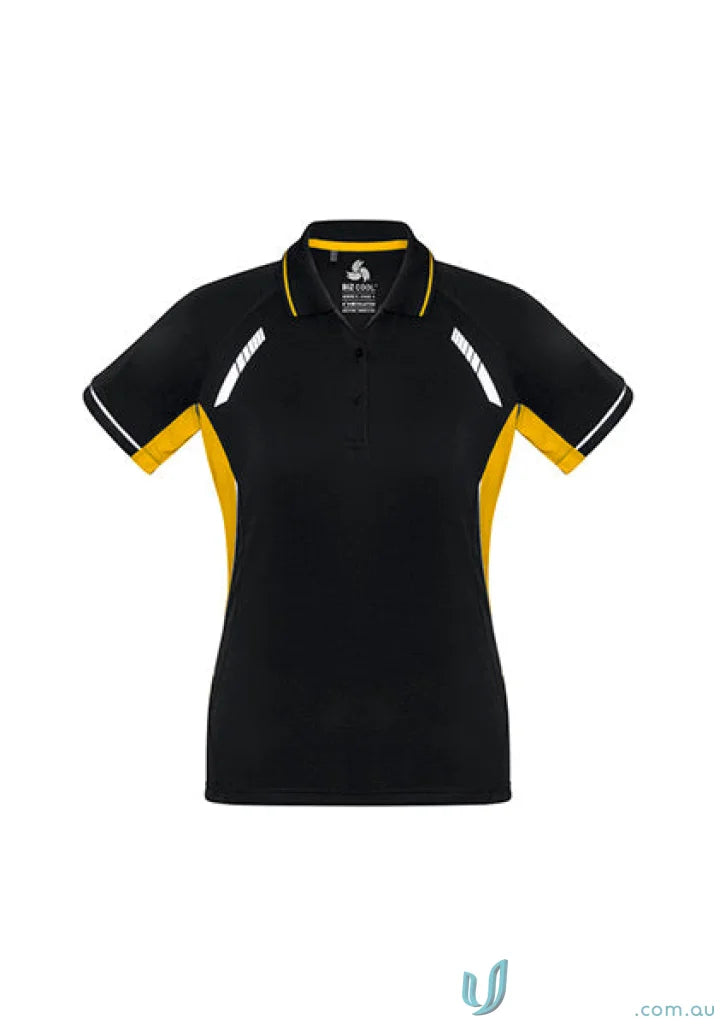 Ladies Renegade Polo black and gold women’s polo shirt from Biz Collection P700LS Biz