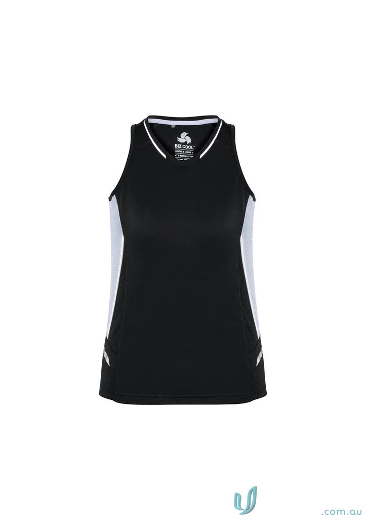 Black and white Ladies Renegade Singlet with silver reflective trims and racer-back design