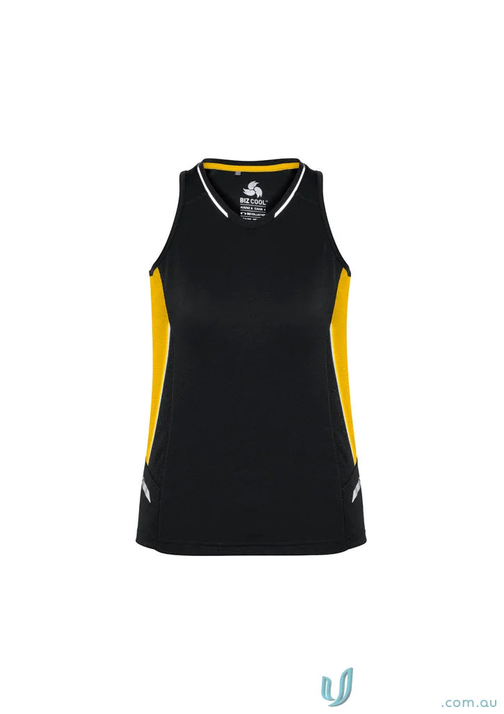 Ladies Renegade Singlet with black and gold fabric and silver reflective trims