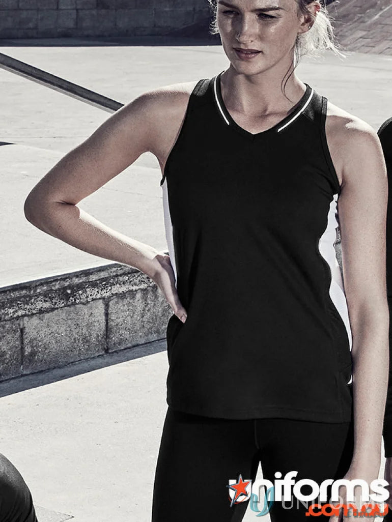 Black and white Ladies Renegade Singlet with silver reflective trims and racer-back design