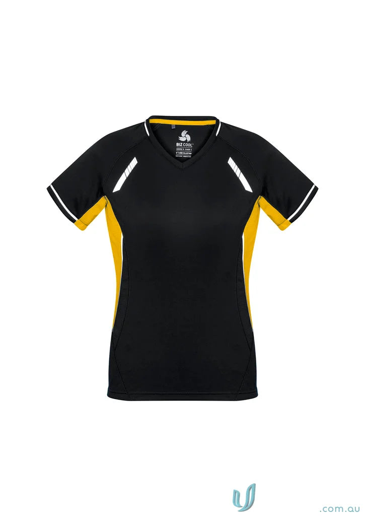 Black and gold athletic v-neck shirt from Ladies Renegade Tee, part of Biz Collection Ladies