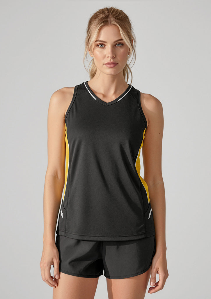 Ladies Renmark singlet black tank with yellow panels and racer-back design