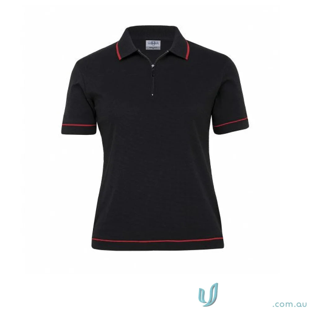 Black polo shirt with red trim from Ladies Retro Waffle Polo collection, stylish and comfy
