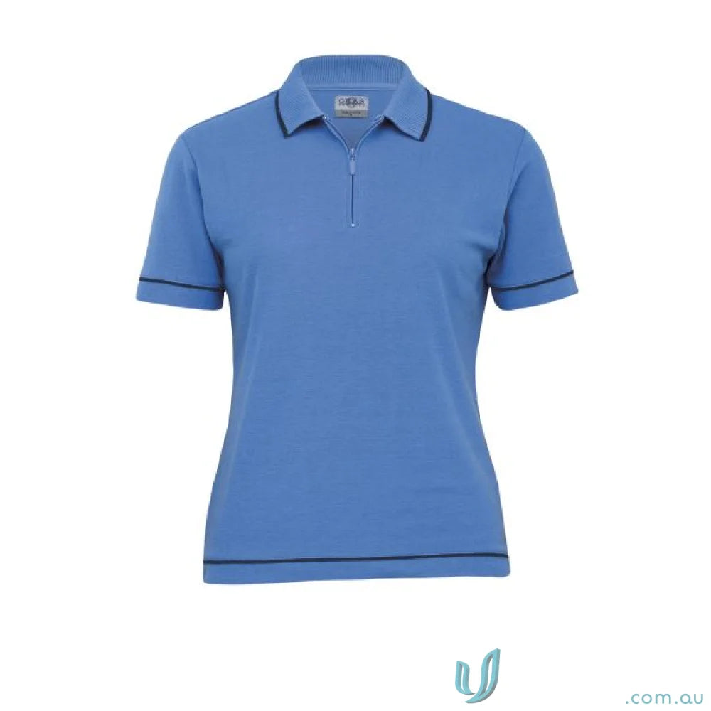 Ladies Retro Waffle Polo featuring a navy blue polo shirt with zipper for a retro vibe