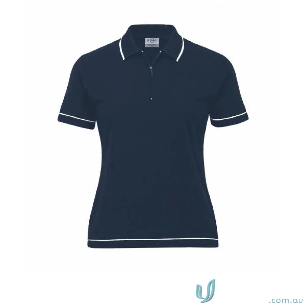 Navy blue Ladies Retro Waffle Polo with white trim, perfect casual summer look