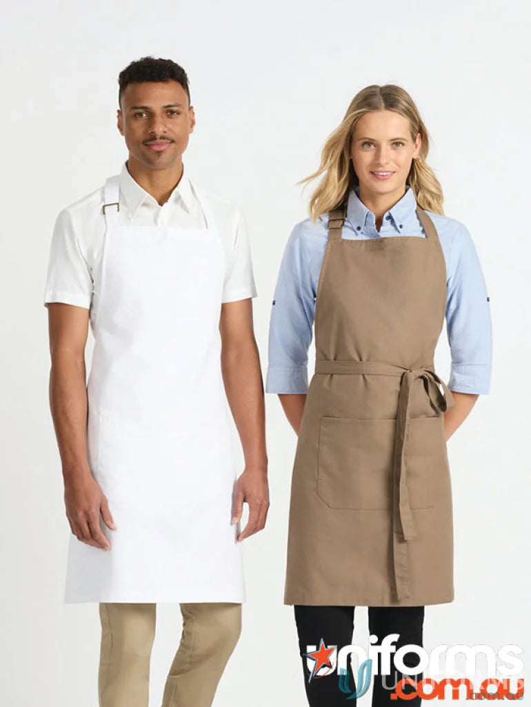 Two people wearing aprons in Ladies Reuben 3/4 Sleeve Shirt uniforms