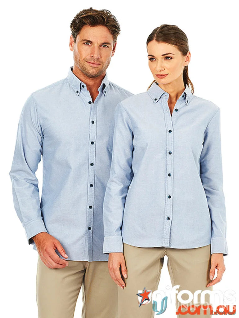 Matching light blue ladies Reuben long sleeve shirts displayed for a stylish look