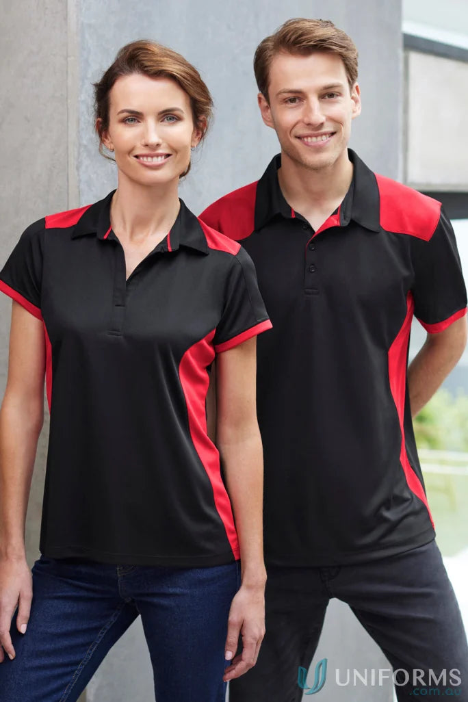 Matching ladies rival polo shirts in black and red with bold contrast for men and women