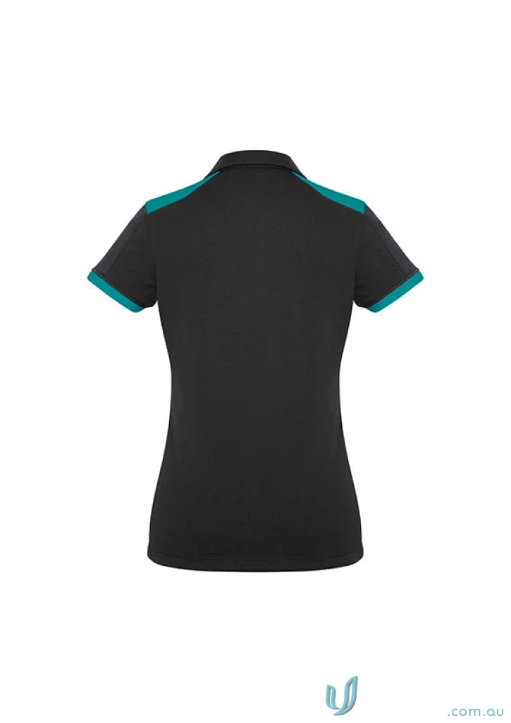 Ladies Rival Polo black short sleeve shirt with bold contrast teal trim on shoulders
