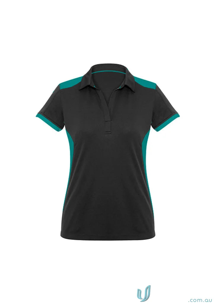 Ladies Rival Polo short sleeve shirt with bold contrast black and teal v-neck collar
