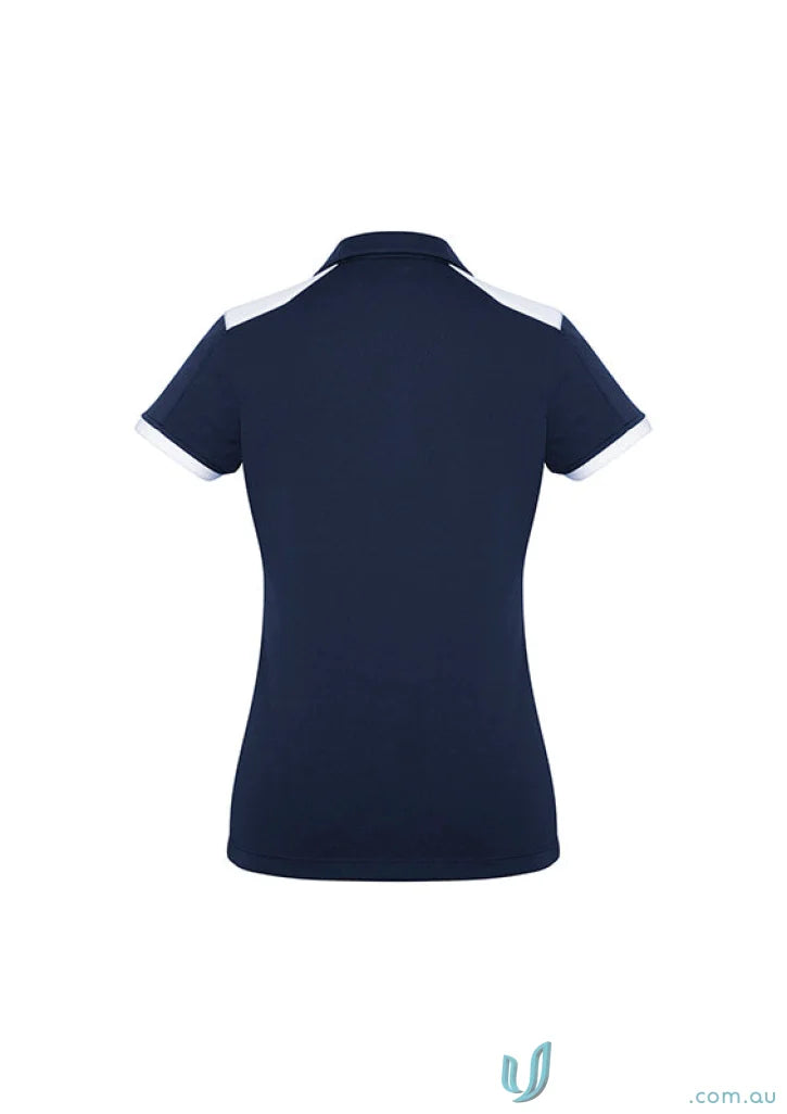 Ladies Rival Polo in dark blue with white accents, bold contrast on short sleeve polo