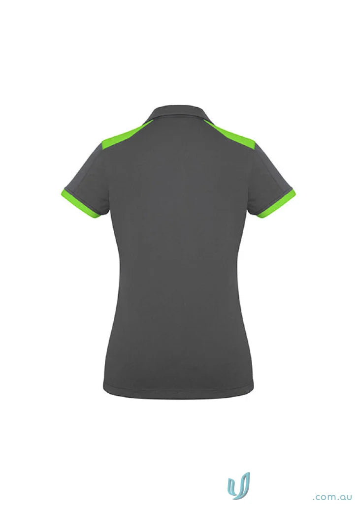 Ladies Rival Polo with bold contrast dark gray short sleeve and bright green accents