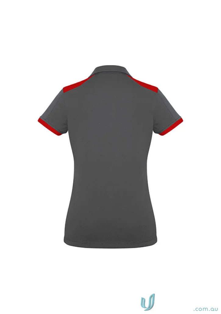 Ladies Rival Polo in dark grey with red trim, bold contrast short sleeve polo shirt