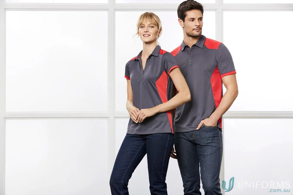 Ladies Rival Polo with bold contrast grey and red short-sleeve polo shirts for men and women