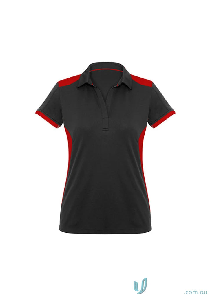 Ladies Rival Polo with bold contrast red shoulder panels and short sleeves