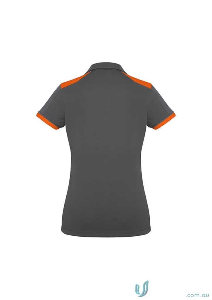 Ladies Rival Polo in dark gray with bold contrast orange trim on collar and cuffs