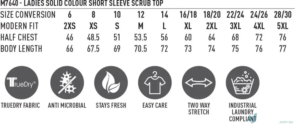 Winning Spirit Ladies scrub top size chart and fabric info for healthcare pros