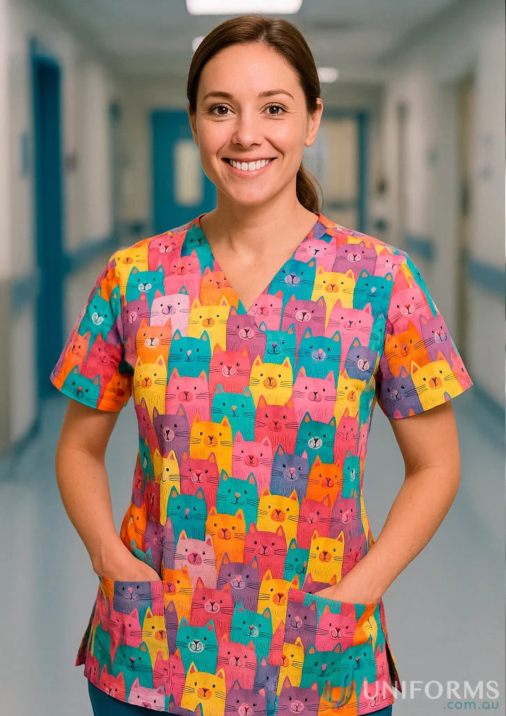 Colorful cat-patterned medical scrub top from Ladies Scrub Top Printed, perfect for beauty therapists uniforms