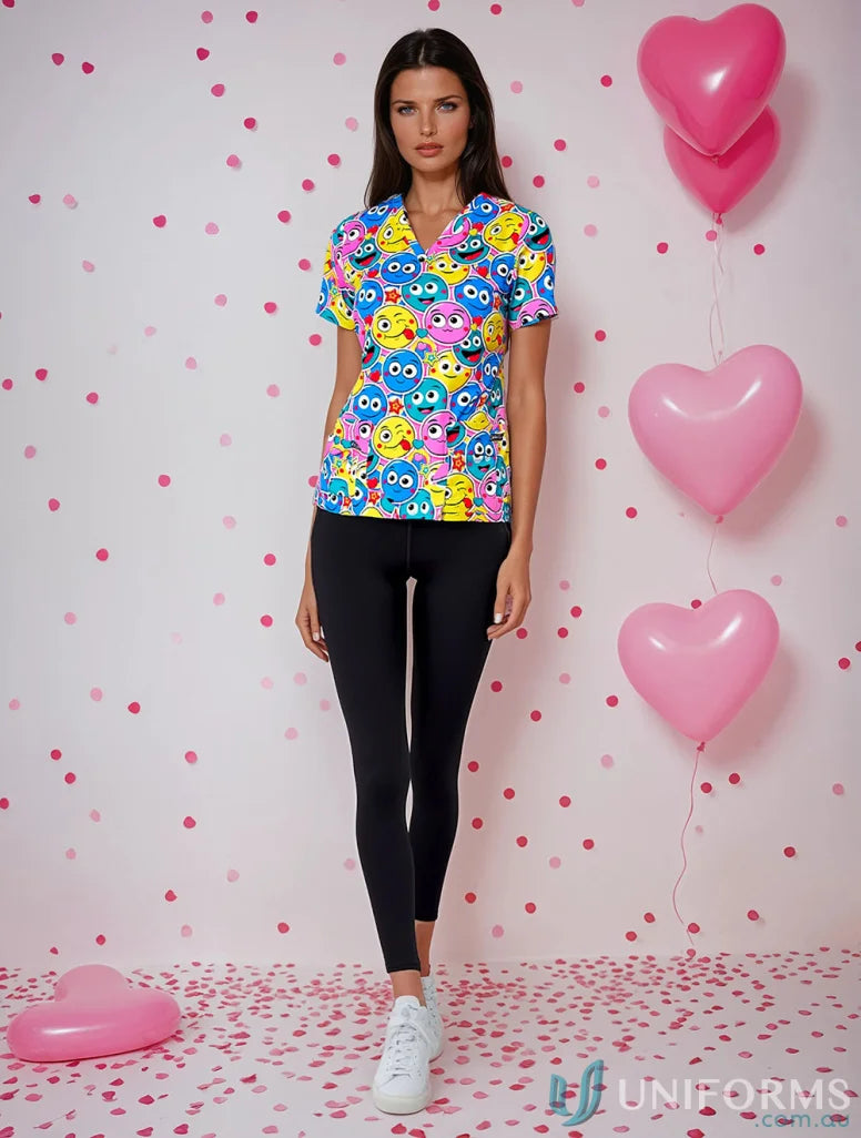 Woman wearing stylish printed scrub top and black leggings, perfect for beauty therapists uniforms