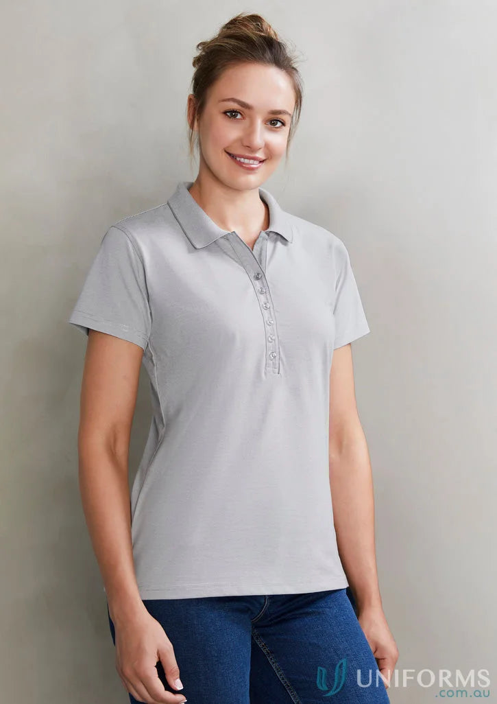 Lady wearing Ladies Shadow Polo in gray, perfect for shadow short sleeve look