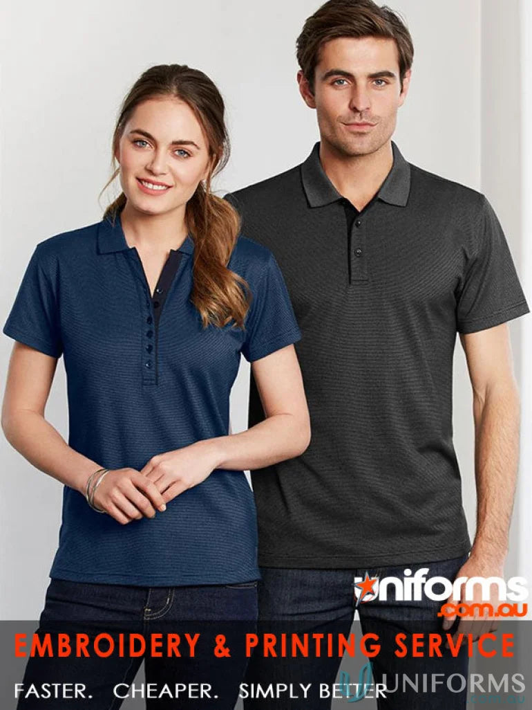 Two people wearing stylish patterned Ladies Shadow Polo shirts from shadow short sleeve collection