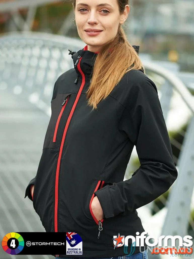 Ladies Sidewinder Shell jacket with attached articulated hood, black with red zippers