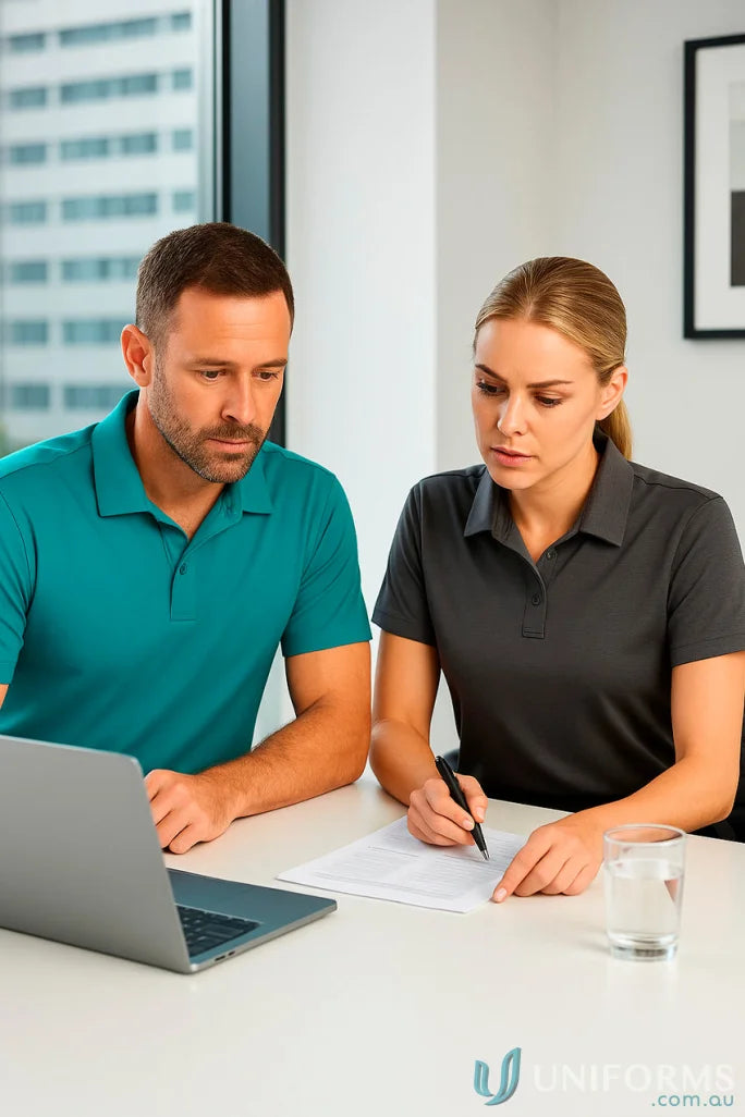 Two people reviewing a Ladies SilverTech Polo made with nano-scale silver technology and cool dry® fabric
