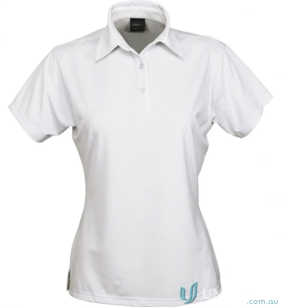 White women’s polo shirt with nano-scale silver technology and performance fabric yarn-treated for cool dry® comfort