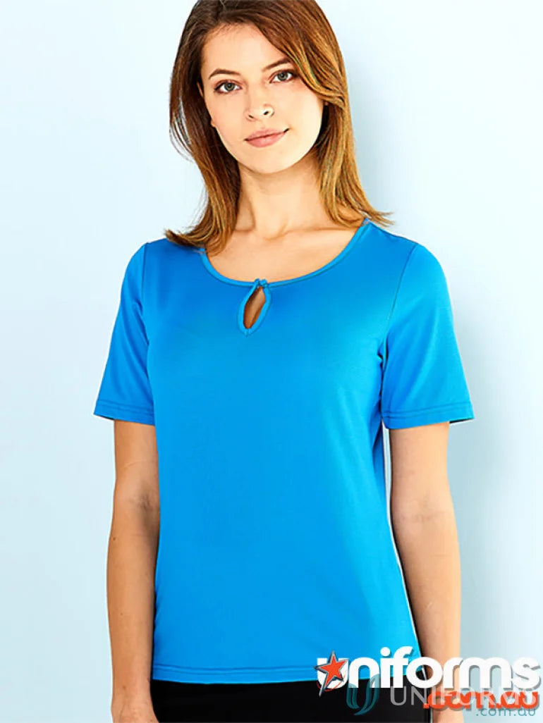 Blue short-sleeved keyhole T-shirt from Ladies SilverTech Top, perfect for cool dry uniforms