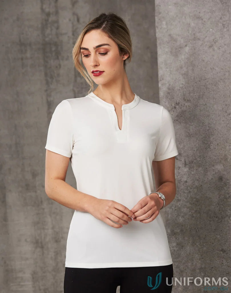 Sofia Ladies Knit Top with inset V-neck tab, perfect for winning spirit ladies