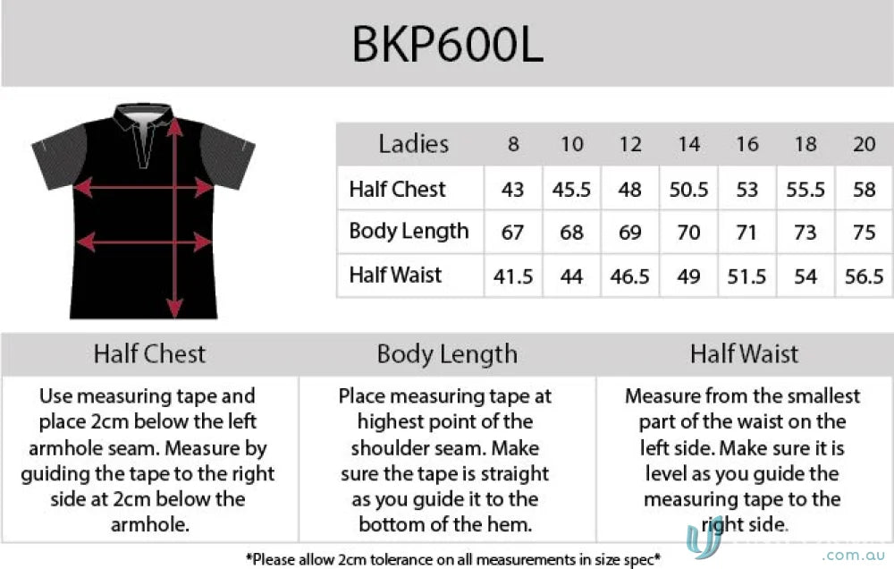 Clothing size chart for Ladies Soft Touch Contrast Polo with aegis microbe shield and cooldry moisture management