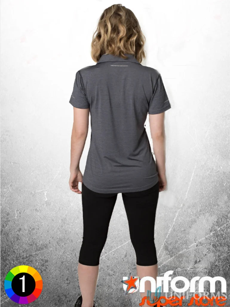 Ladies Soft Touch Polo in gray with black capri pants, offers soft touch and cooldry moisture management