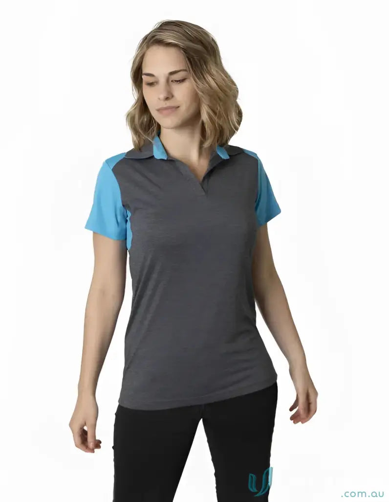 Women’s soft touch shoulder polo with grey body, light blue shoulder panels, cooldry tech