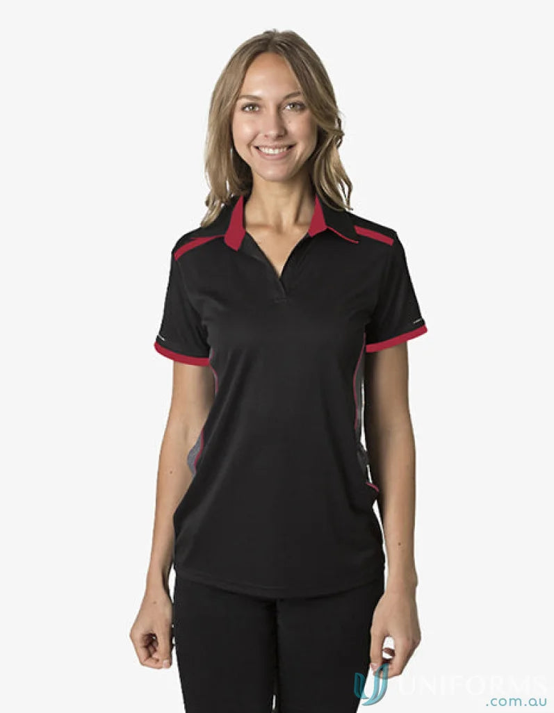 Black and red collared Ladies Soft Touch Stripe Polo with aegis microbe shield and CoolDry polyester