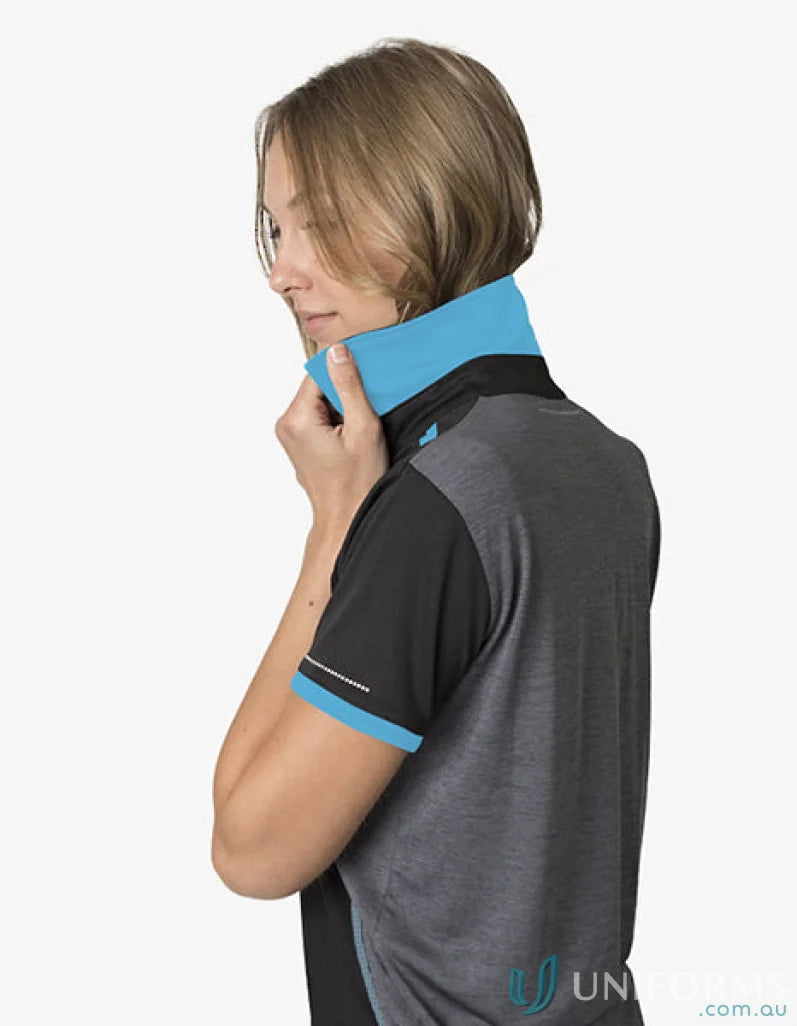 Woman wearing Ladies Soft Touch Stripe Polo with Blue Collar, cooldry moisture tech
