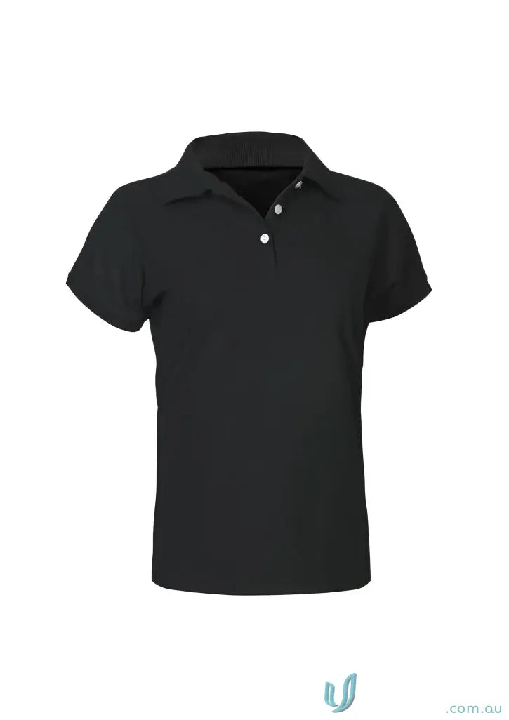 Black short-sleeved polo shirt with white button placket from Ladies Sorrento Polo, perfect for women’s neon style
