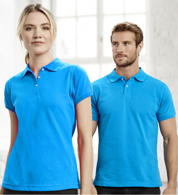 Two women modeling solid blue Ladies Sorrento Polo with white button placket and neon short sleeve polo style